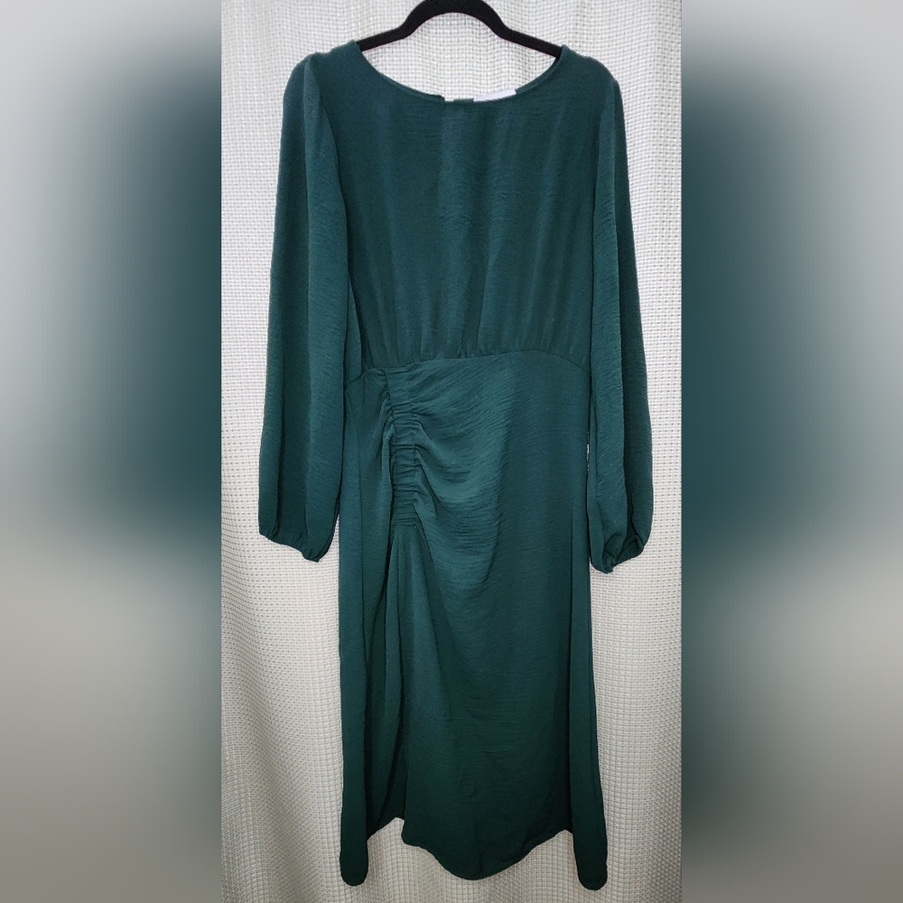 Gilli Dress Long Sleeve Forest Green Midi A-symmetrical Cinch Detail Large